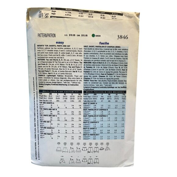 Butterick 3846 Infants Top Shorts Pants Hat Size L XL Easy Sewing - Picture 2 of 2